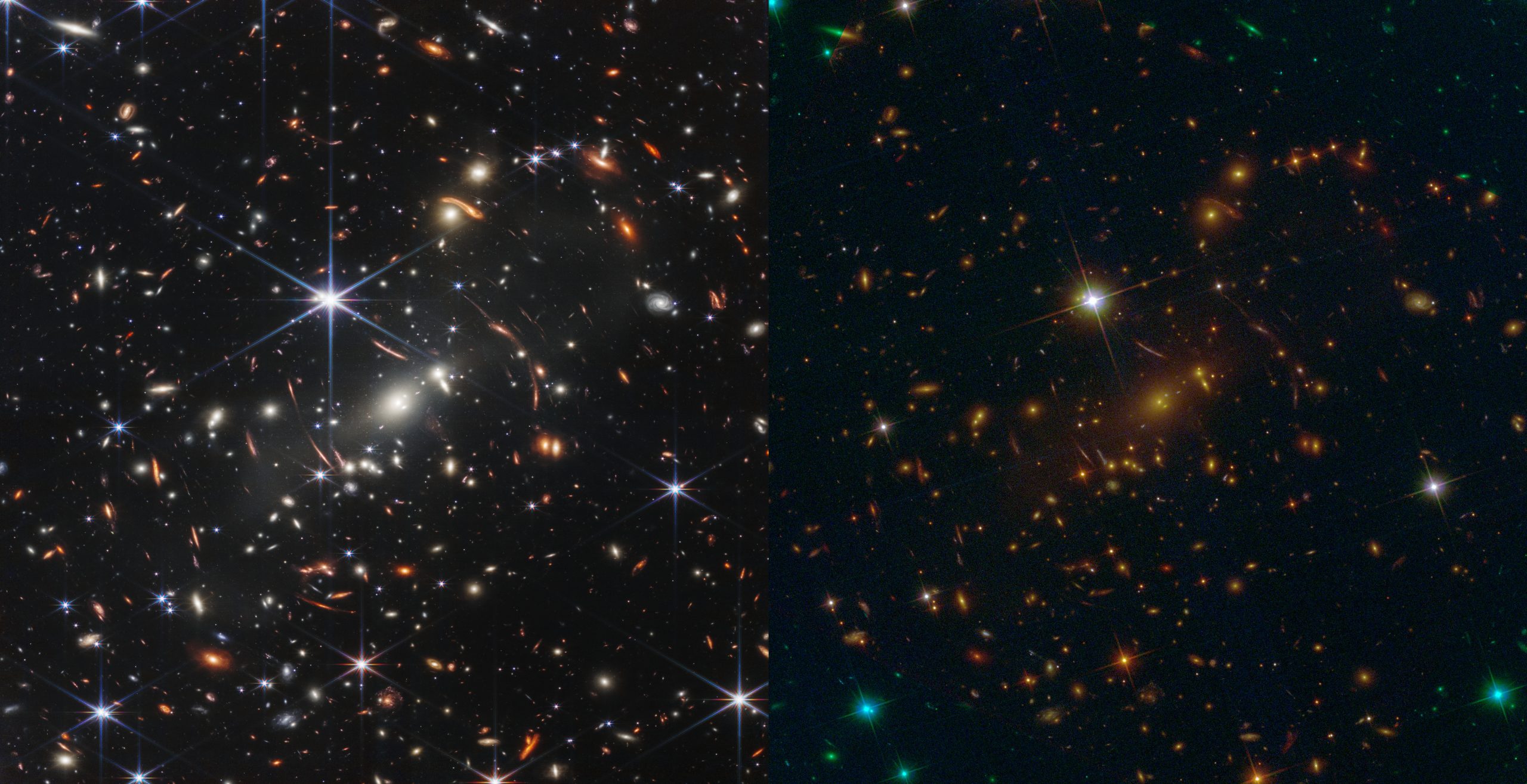 Confronto fra Hubble e Webb. A sinistra la foto realizzata da Hubble, a destra quella del Webb. Credits: ESA/NASA. Modifiche di Francesco Ferrara. 