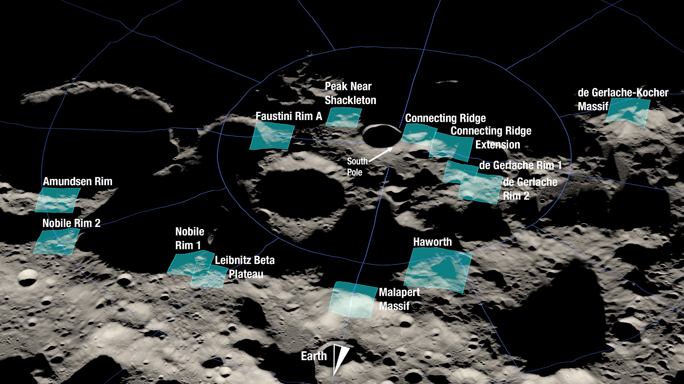 Le 13 zone selezionate dalla NASA per l'allunaggio di Artemis 3. Credits: NASA