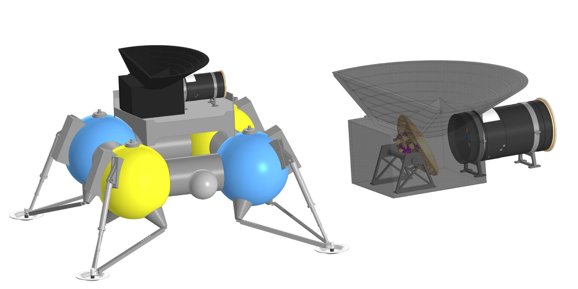 Concept design del telescopio lunare UV proposto da scienziati russi e cinesi, la cui istallazione su suolo lunare è prevista durante la missione ILRS-5 del 2035. Credits: CNSA, Roscosmos