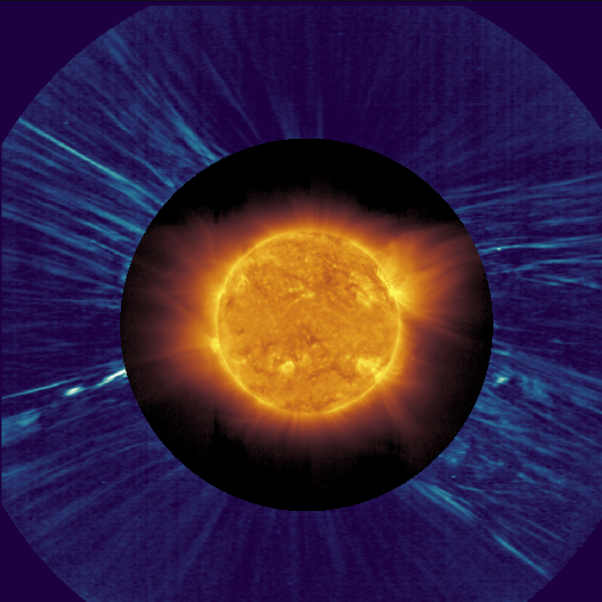 Immagini del Sole scattate dagli strumenti EUI (centrale) e METIS (esterna) a bordo della Solar Orbiter.