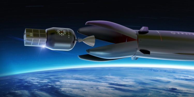 Un render del sistema di rilascio del secondo stadio e del satellite che userà il vettore Neutron. Credits: Rocket Lab