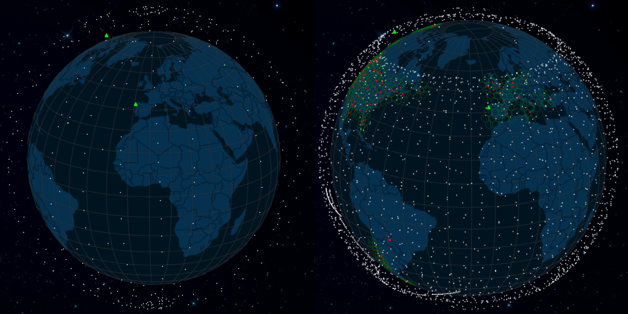 Confronto fra lo stato attuale delle costellazioni Starlink (a destra) e OneWeb (a sinistra). Credits: SatelliteMap. 