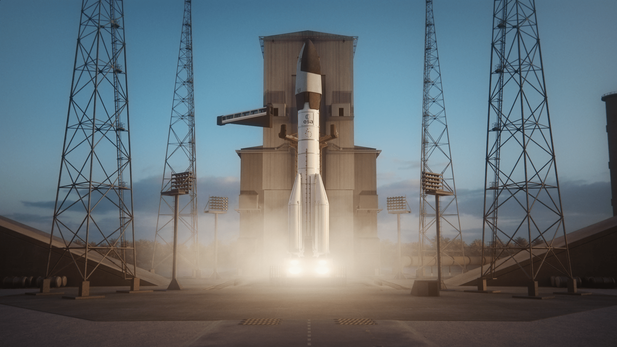 Un render dell'Ariane 64 mentre lancia SUSIE. La rampa è visibilmente modificata per permettere l'accesso agli astronauti. Credits: ArianeSpace