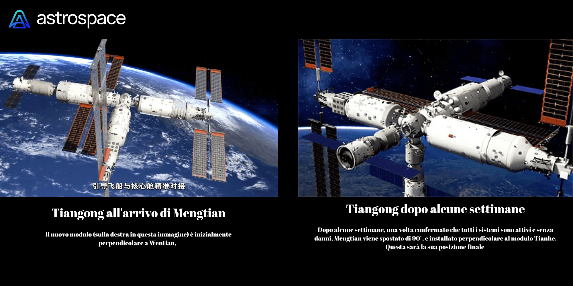 Render della forma che avrà la Tiangong all'arrivo di Mengtian. Credits: Astrospace.it