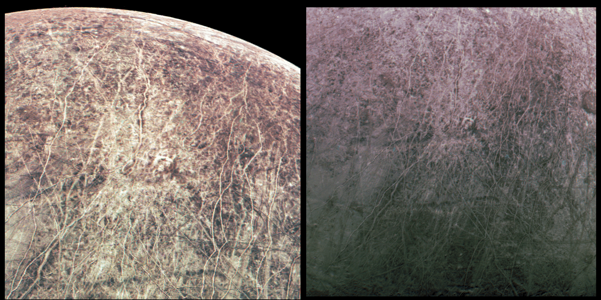 Due diversi zoom della superficie di Europa ripresi da Juno. Credits: NASA/JPL-Caltech/SWRI/MSSS