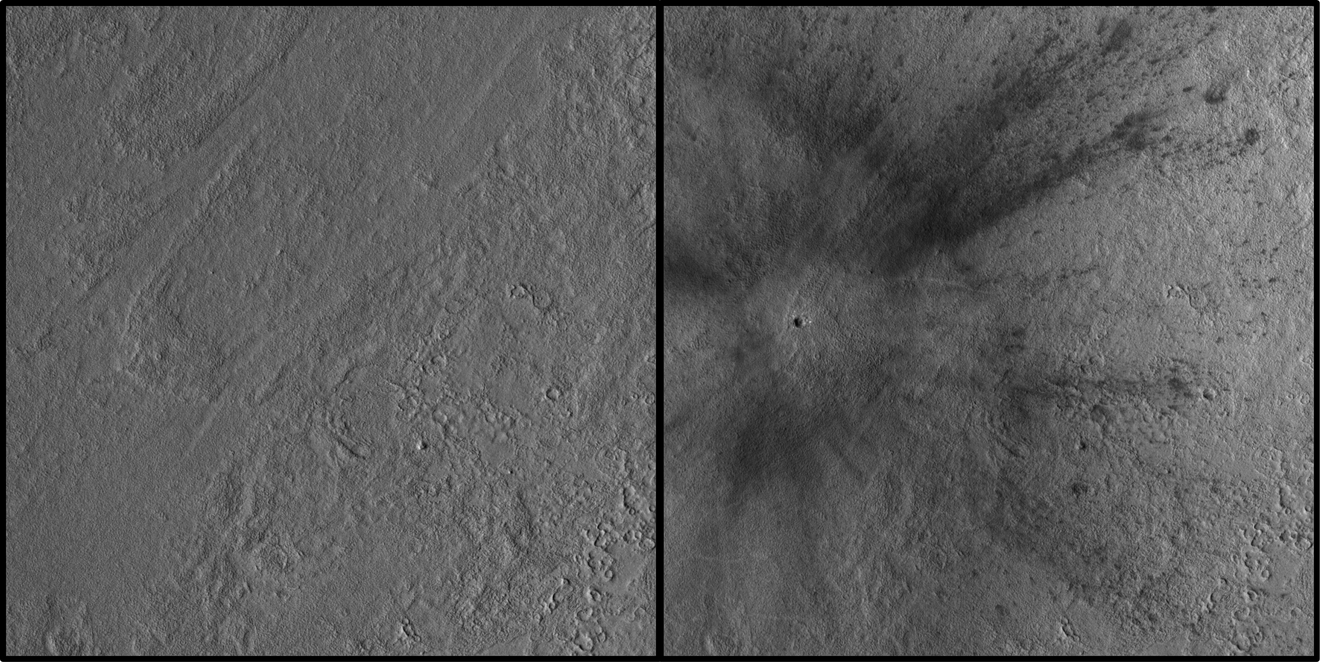 Il cratere da impatto che ha generato il terremoto rilevato da Insight osservato con la camera in bianco e nero del MRO. Crediti: NASA/JPL-Caltech/MSSS
