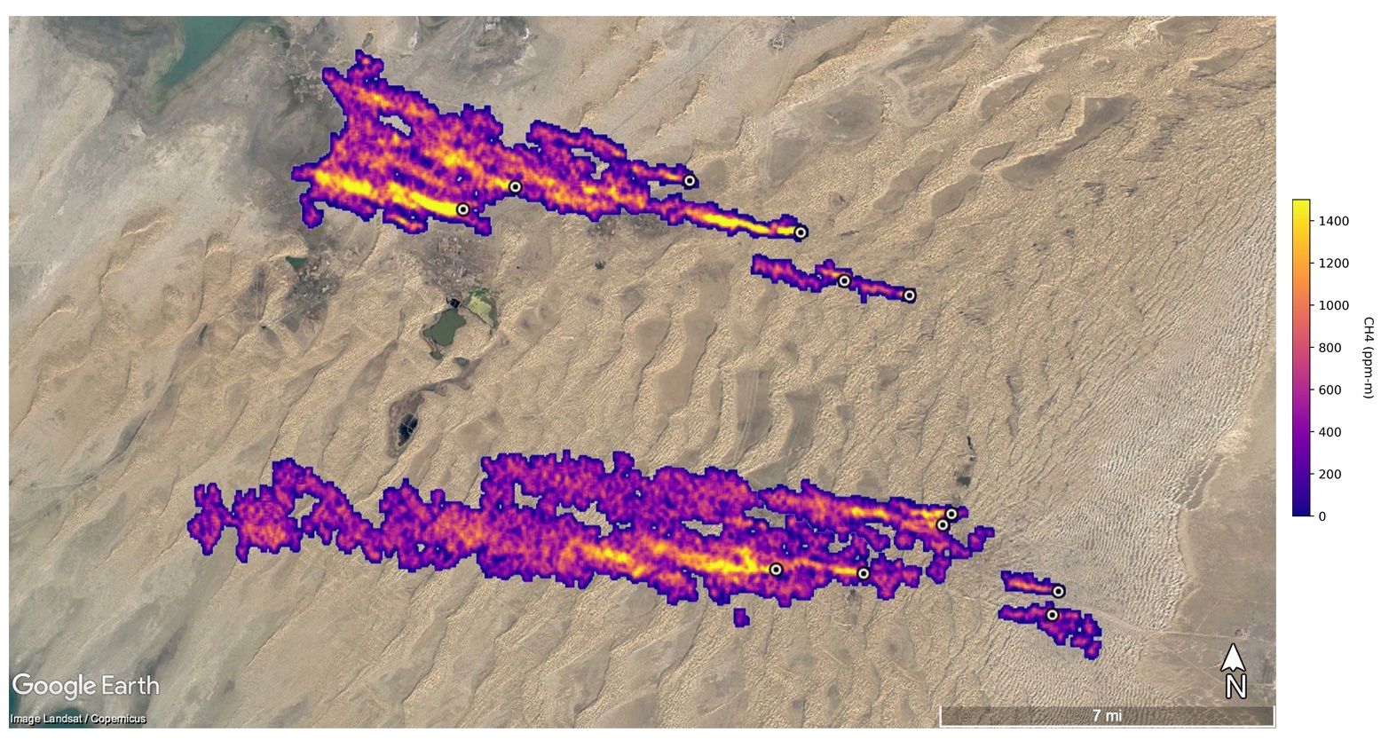 12 pennacchi di metano lunghi 32 chilometri individuati a est di Hazar, città portuale in Turkmenistan. Crediti: NASA/JPL-Caltech