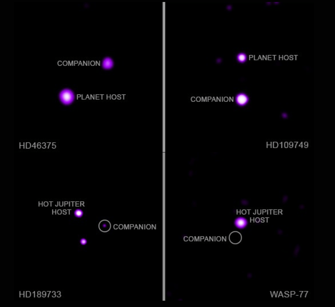In alto,Immagine ai raggi x del sistema HD46375 e HD109749, in basso invece, immagine ai raggi x dei sistemi HD189733 e WASP-77. Credits: NASA/CXC/Potsdam Univ./N. Ilic et al.