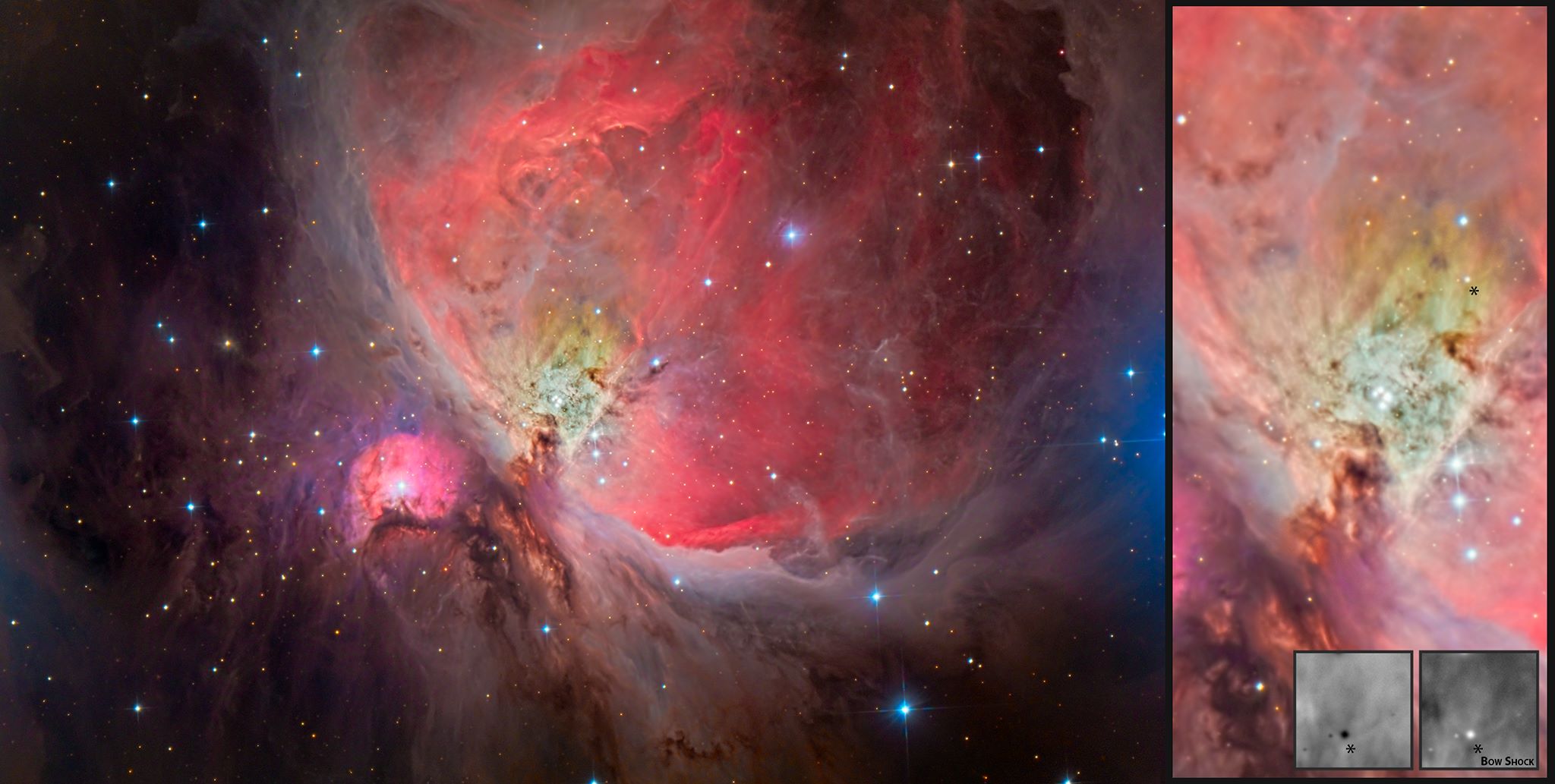 A sinistra una foto della nebulosa di Orione in cui sono ben visibili le polveri e i gas ionizzati. A destra un dettaglio del centro della nebulosa in cui si può osservare un bow shock prodotto dal vento stellare.Immagine fornita da Luca Fornaciari