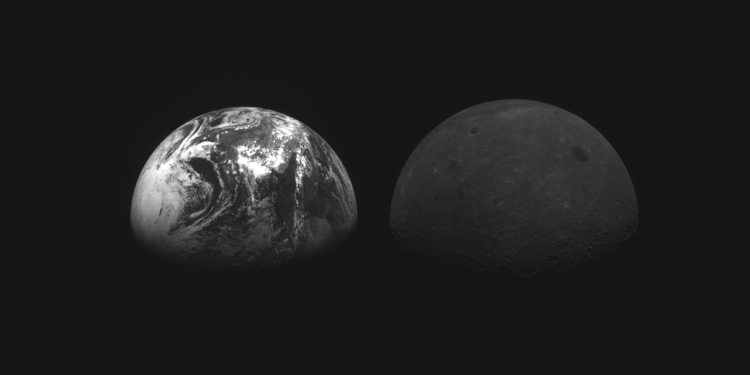 La terra e la Luna riprese da una camera bordo di Danuri-KPLO.