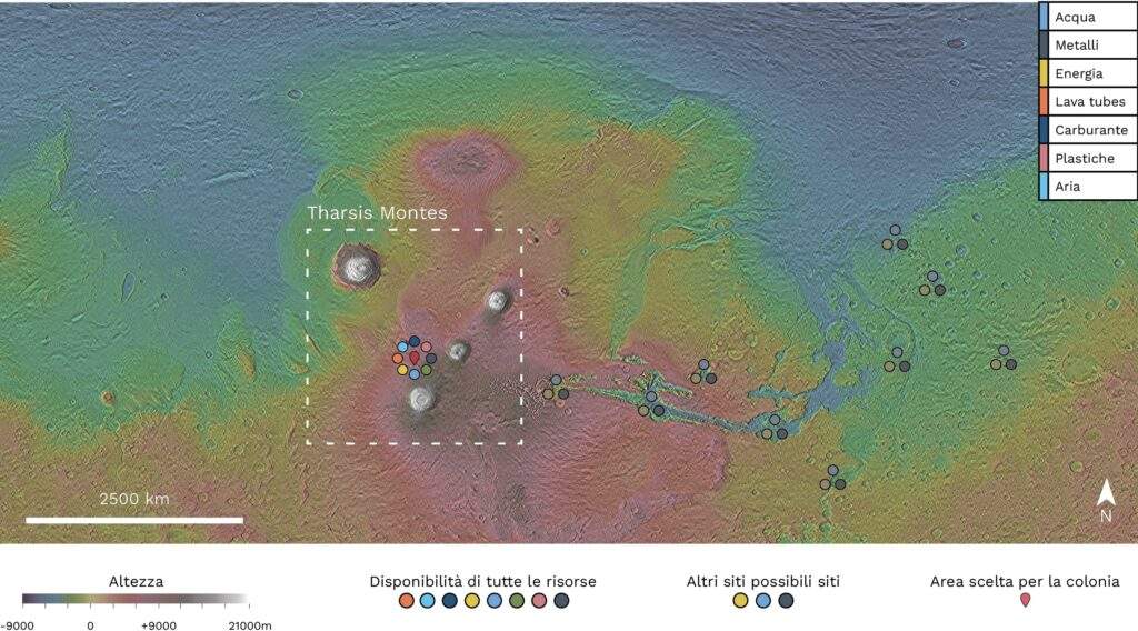 Mappa riguardante la distribuzione delle risorse nell’area di Tharsis Montes, dove sono stati osservati lava tubes, e in altre aree. Come si può osservare, la zona individuata presenta tutte le risorse necessarie per lo stabilimento della colonia. La mappa è stata realizzata utilizzando come base la MOLA colorized elevation map, (460m/ pixel). Credits: Francesco Axel P. Romio; NASA-JPL (MOLA col. elev. map)