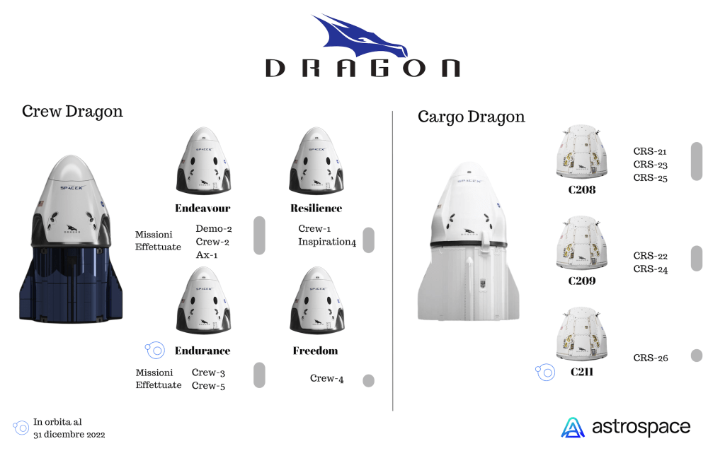 Infografica rappresentante le sette capsule Dragon attualmente operative. Credits: SpaceX (render) / Realizzazione: Astrospace.it