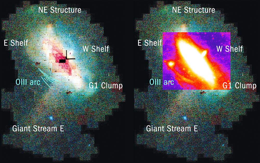 A sinistra: illustrazione della regione intorno a M31. Il mosaico è stato fotografato dal telescopio Isaac Newton e sono evidenziate le 5 grandi strutture conosciute intorno ad Andromeda.A destra: Sovrapposizione con l'immagine di Bray Falls (rappresentazione in falsi colori). La figura mostra che l'arco [O III] è in un angolo di 90 gradi rispetto al noto "Giant Stream E". Credits: Bray Falls, Isaac Newton Telescope.