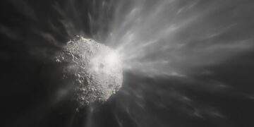 L'espulsione di una nuvola di detriti dopo che la sonda DART della NASA si è schiantata sull'asteroide Dimorphos. L'immagine è stata creata dalle fotografie ravvicinate della fotocamera DRACO di DART. Credits: ESO/M. Kornmesser