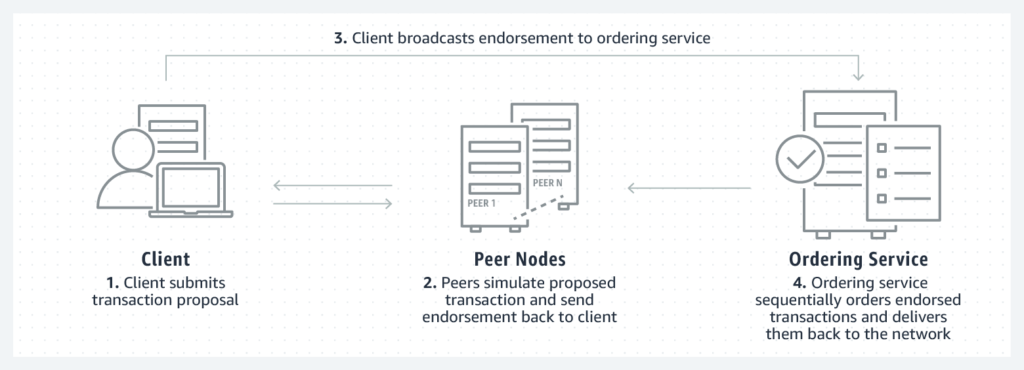 Schema semplificato del funzionamento di una blockchain Hyper Ledger Fabric