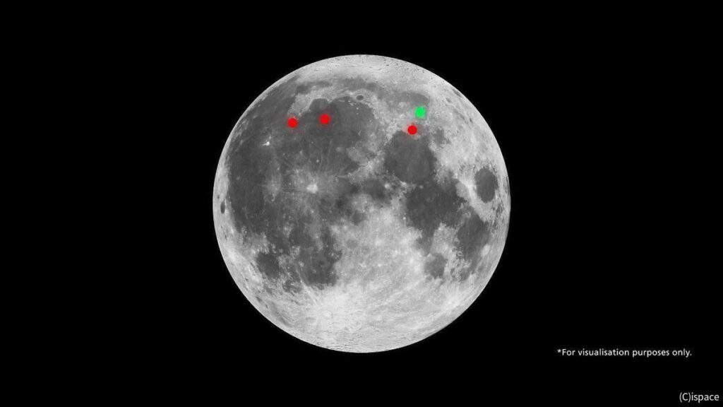 Le zone previste per l'allunaggio del lander di ispace. In verde l'obbiettivo primario. Credits: ispace