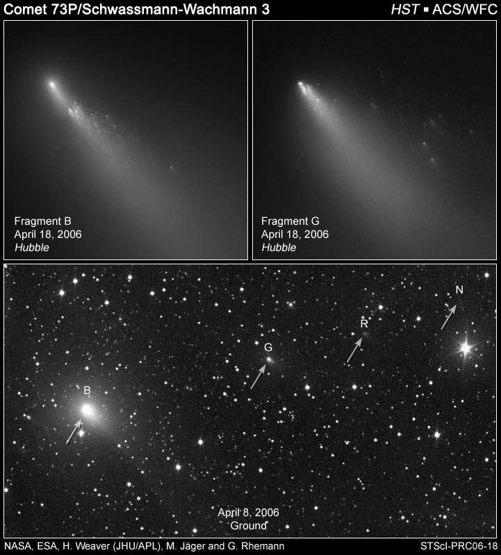 Il nucleo frammentato della cometa 73P/Schwassmann-Wachmann 3. Credits: NASA, ESA, H. Weaver (APL/JHU), M. Mutchler and Z. Levay (STScI)