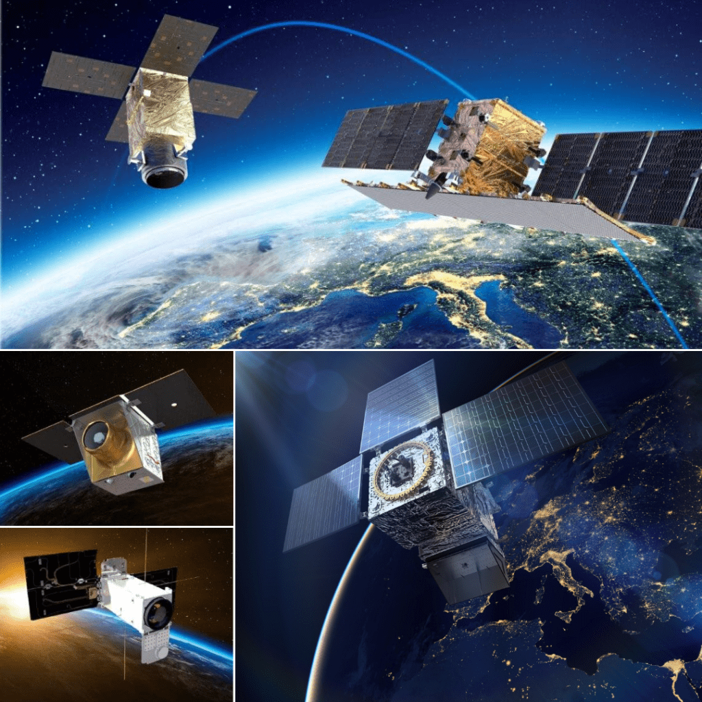 I render dei satelliti di IRIDE annunciati mostrati finora. In alto i satelliti di Thales Alenia Space. A sinistra in alto quelli di Argotec, a sinistra in basso quelli di OHB, a destra quelli di SITAEL. 