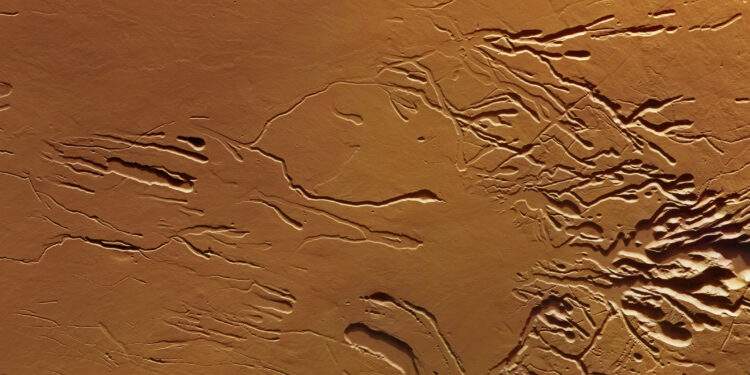 Immagine del Mars Express dell'ESA che mostra i fianchi meridionali dell'Ascraeus Mons, il secondo vulcano più alto di Marte. Credits: ESA/DLR/FU Berlin