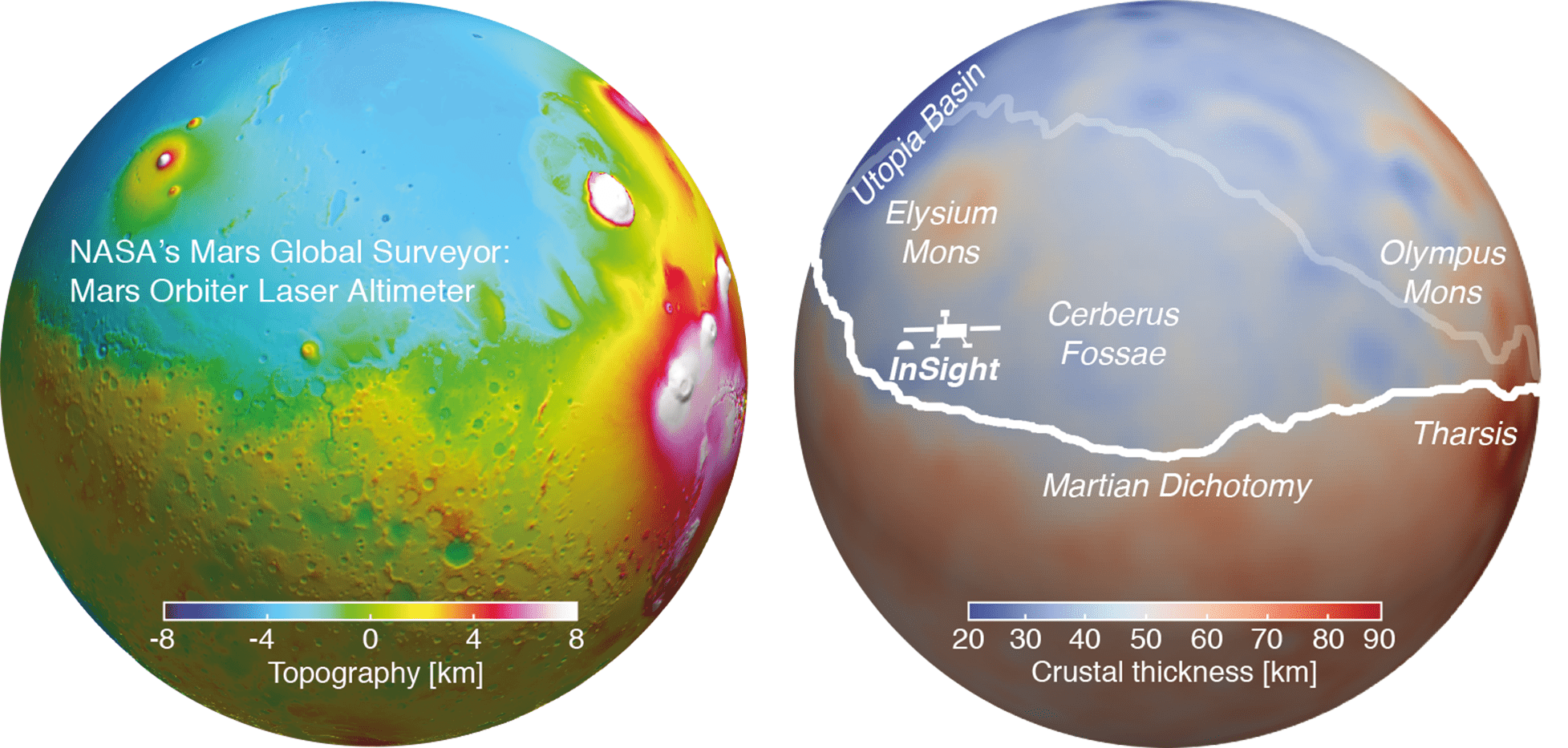 Mappa topografica della superficie marziana (a sinistra) e rappresentazione dello spessore della crosta (a destra). Credits: MOLA Science Team / Doyeon Kim, ETH Zurigo