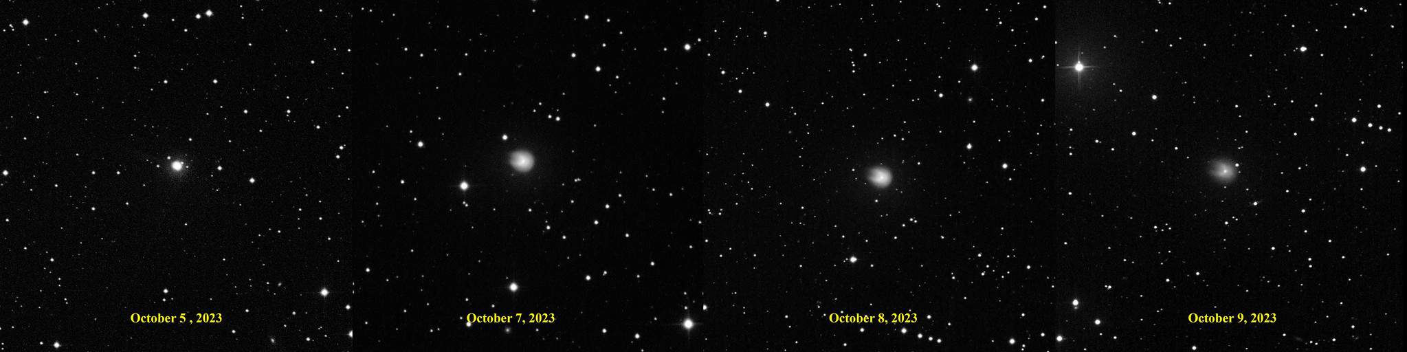 Evoluzione della chioma della cometa in seguito all'outburst avvenuto il 5 ottobre. Credits: Eliot Hermann