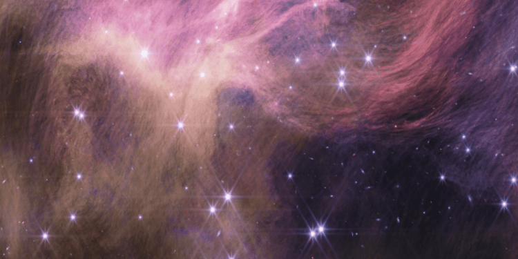 Porzione di un'immagine ottenuta dalla NIRCam del James Webb, che mostra la regione centrale dell'ammasso stellare IC 348. Credits: NASA, ESA, CSA, STScI, K. Luhman (Penn State University) e C. Alves de Oliveira (ESA)