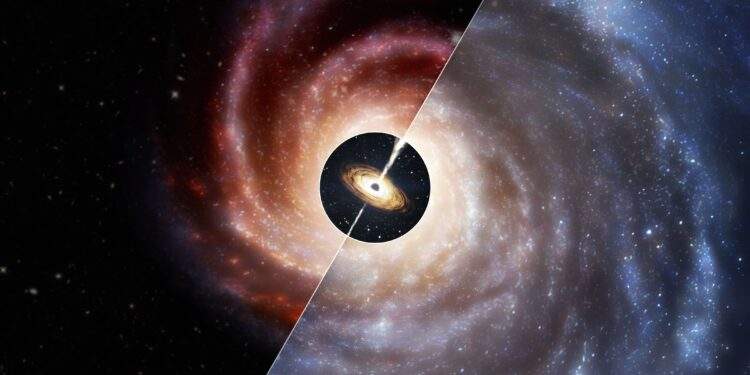 Rappresentazione artistica in cui un buco nero (al centro) è contenuto in una piccola galassia ospite nell'Universo lontano (a sinistra). Nell’universo vicino (a destra), il buco nero delle stesse dimensioni sarebbe ospitato in una galassia molto più grande. Credits: CfA/Melissa Weiss