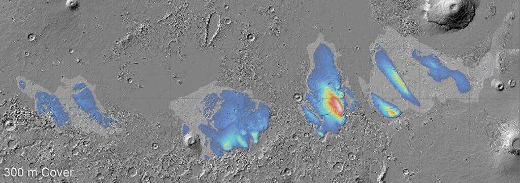 Mappa del potenziale spessore dei depositi di ghiaccio trovati al di sotto dell'equatore marziano. Credits: ESA/Mars Express/ Watters et al. 2024