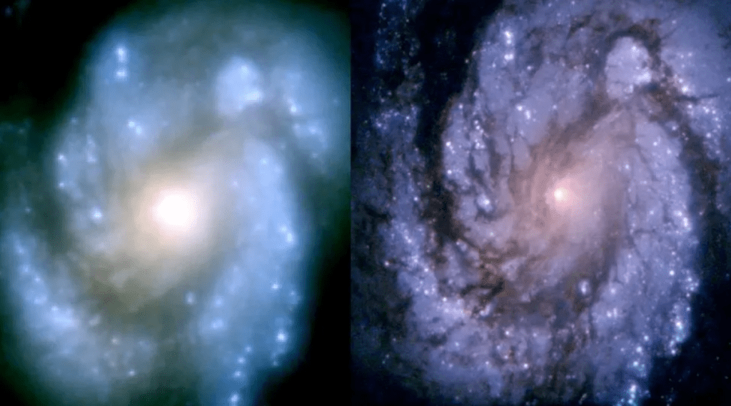 La galassia M100 fotografata da Hubble prima e dopo la correzione dell'ottica. Credits: NASA/STScI