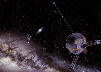 Rappresentazione artistica della missione spaziale Pioneer 10 della NASA mentre viaggia verso lo spazio interstellare. Credits: NASA/Don Davis