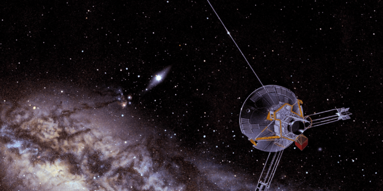 Rappresentazione artistica della missione spaziale Pioneer 10 della NASA mentre viaggia verso lo spazio interstellare. Credits: NASA/Don Davis