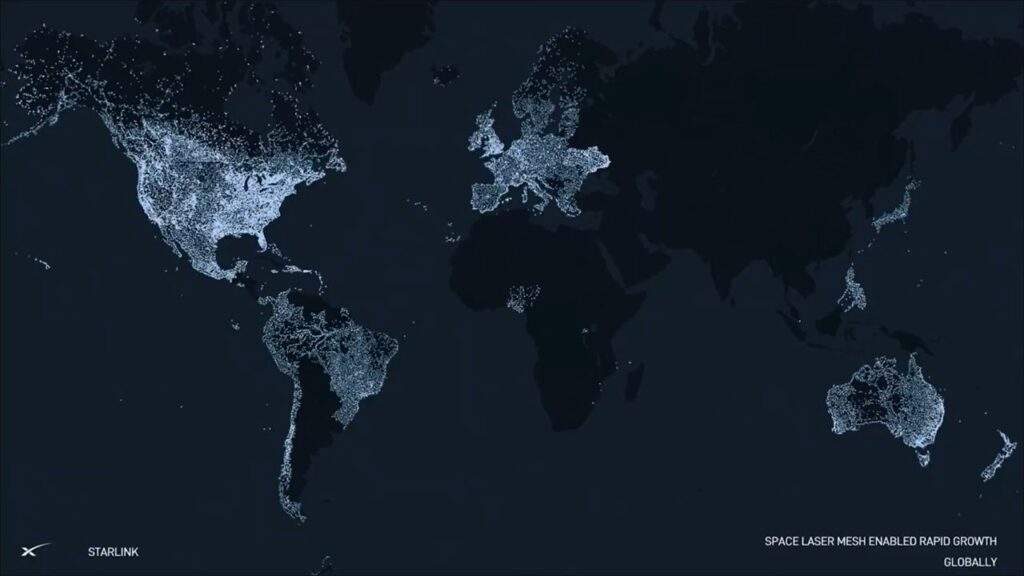 Mappatura degli utenti Starlink diffusa da Musk il 12 gennaio 2024. 