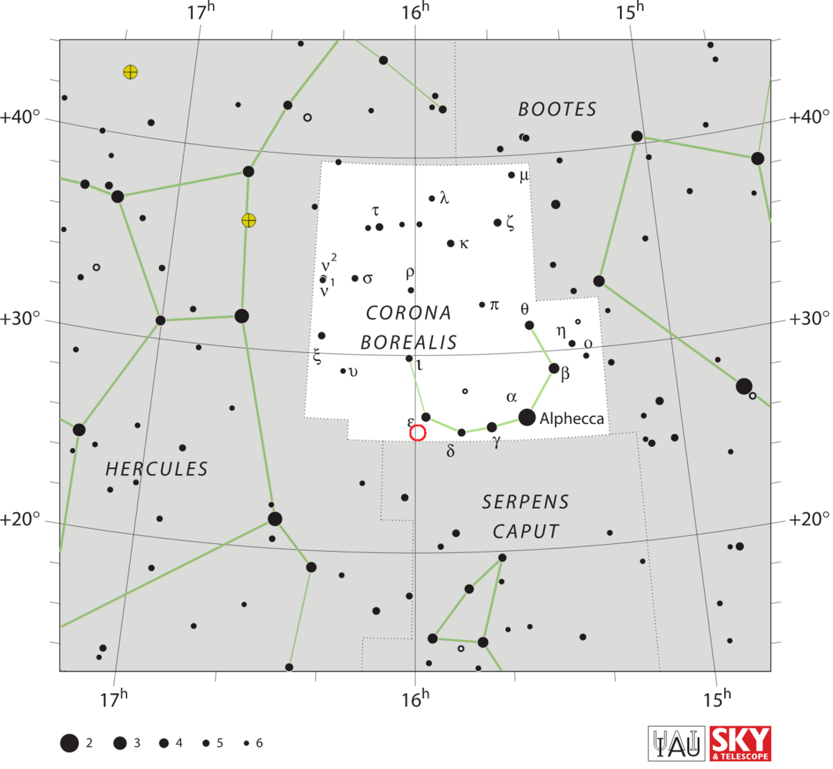 Posizione della nova cerchiata in rosso rispetto alla costellazione della Corona Boreale. Credits: PopePompus