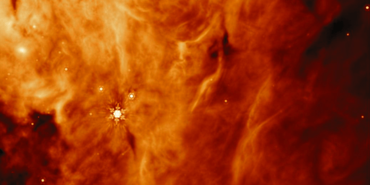 Immagine scattata dallo strumento MIRI del James Webb nel medio infrarosso, di una regione parallela alla massiccia protostella IRAS23385. Credits: ESA/Webb, NASA, CSA, W. Rocha et al. (Università di Leida)