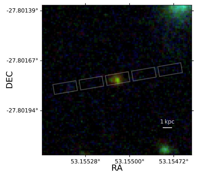 Immagine a colori della NIRCam del James Webb nei filtri F444W-F200W-F090W, creata da ritagli di mosaici a lunghezze d'onda tra 0.8 e 5 micrometri, che coprono JADES-GS-z7-01-QU e il suo ambiente vicino. Credits: Looser et al. 2024