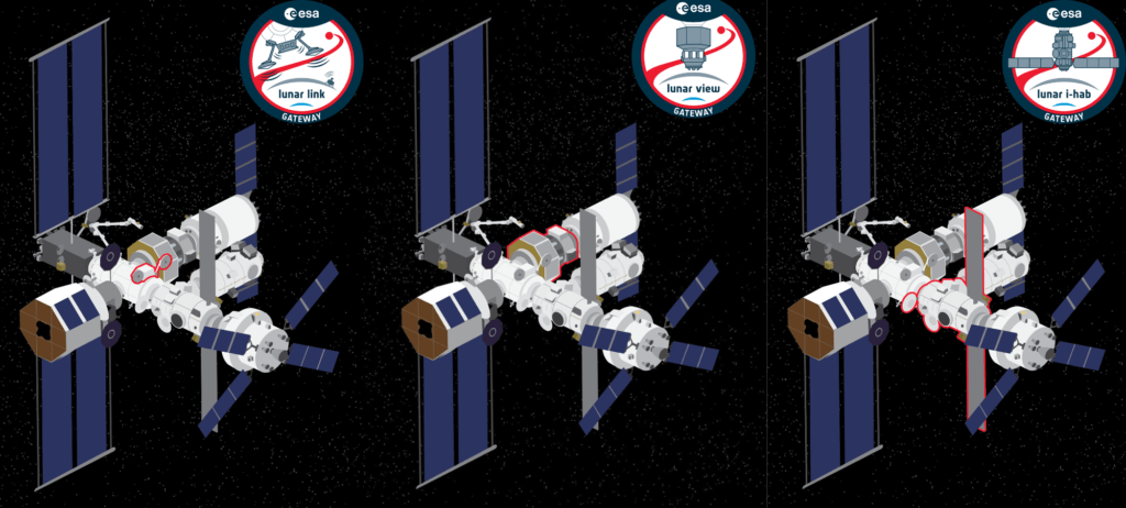 I tre elementi del Lunar Gateway evidenziati in rosso, che hanno cambiato nome. Credits: ESA.