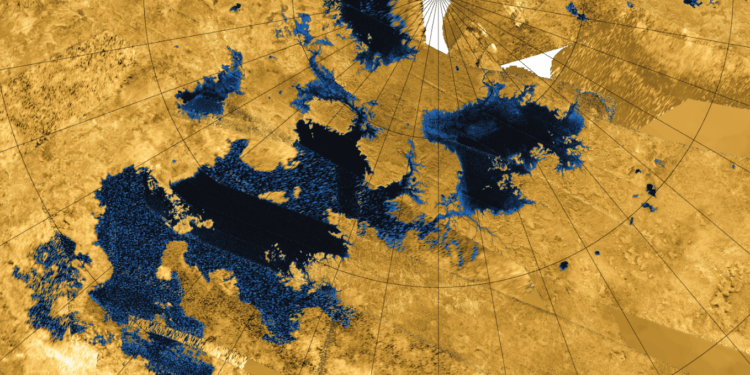 Immagine a mosaico in falsi colori creata da dati radar di Cassini della regione settentrionale di Titano, luna di Saturno, costellata di mari e laghi di idrocarburi. Credits: NASA, JPL-CALTECH, ASI, USGS 