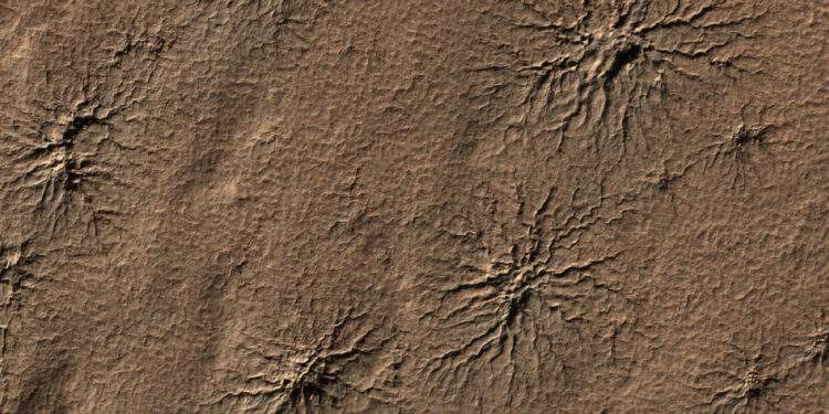 Caratteristiche a forma di ragno nell'emisfero meridionale di Marte, scolpite dall'anidride carbonica, in un'immagine del 2009 scattata dal Mars Reconnaissance Orbiter della NASA. Credits: NASA/JPL-Caltech/University of Arizona