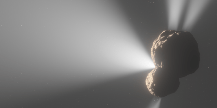 Render artistico dell'attività di degassamento del centauro 29P/Schwassmann-Wachmann 1. Credits: NASA, ESA, CSA, L. Hustak (STScI)