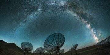 I piatti dell'esperimento cinese Tianlai contro il cielo notturno sotto la Via Lattea. Credito: progetto Tianlai