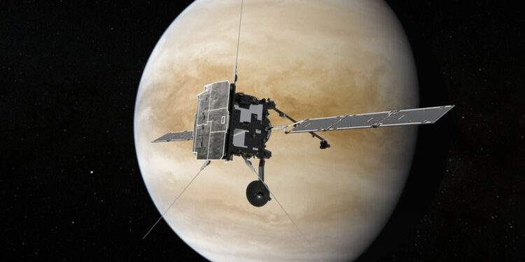 Rappresentazione artistica della missione Solar Orbiter mentre sorvola Venere. Credits: ESA/ATG medialab