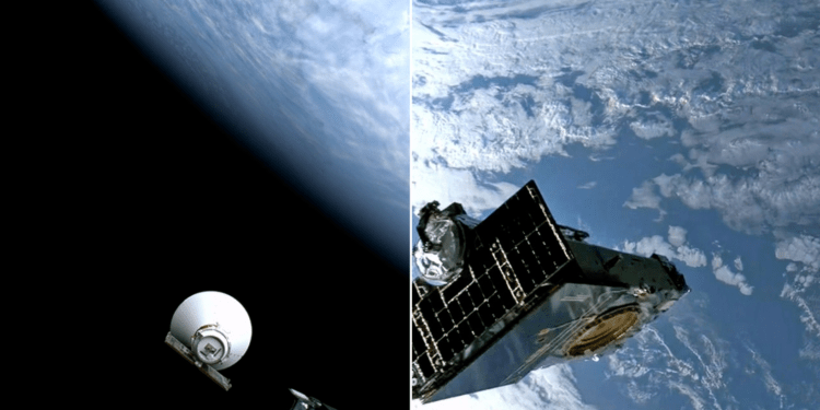 Il rilascio del telescopio spaziale SPHEREx (a sinistra) e dei satelliti della missione PUNCH (a destra) della NASA dal secondo stadio di un Falcon 9, l'11 marzo 2025.