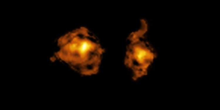 Immagine scattata con ALMA che mostra il contenuto di gas molecolare di due galassie coinvolte in una collisione cosmica. Quella a destra ospita un quasar, un buco nero supermassiccio che sta accumulando materiale dall'ambiente circostante e rilasciando intense radiazioni direttamente contro l'altra galassia. Credits: ALMA (ESO/NAOJ/NRAO)/S. Balashev e P. Noterdaeme et al.
