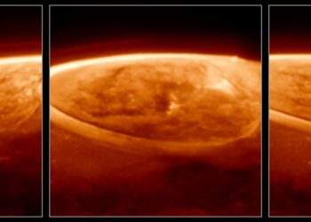 Osservazioni delle aurore di Giove con il James Webb, scattate a una lunghezza d'onda di 3.36 micron con la NIRCam il 25 dicembre 2023. Credits: NASA, ESA, CSA, Jonathan Nichols (University of Leicester), Mahdi Zamani (ESA/Webb)