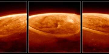 Osservazioni delle aurore di Giove con il James Webb, scattate a una lunghezza d'onda di 3.36 micron con la NIRCam il 25 dicembre 2023. Credits: NASA, ESA, CSA, Jonathan Nichols (University of Leicester), Mahdi Zamani (ESA/Webb)