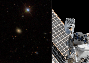 A sinistra, un sistema chiamato Ansky, nella galassia al centro, che ospita una serie di eruzioni quasi-periodiche scoperte di recente. A destra, il telescopio NICER installato sulla ISS. Credits: Sloan Digital Sky Survey; NASA