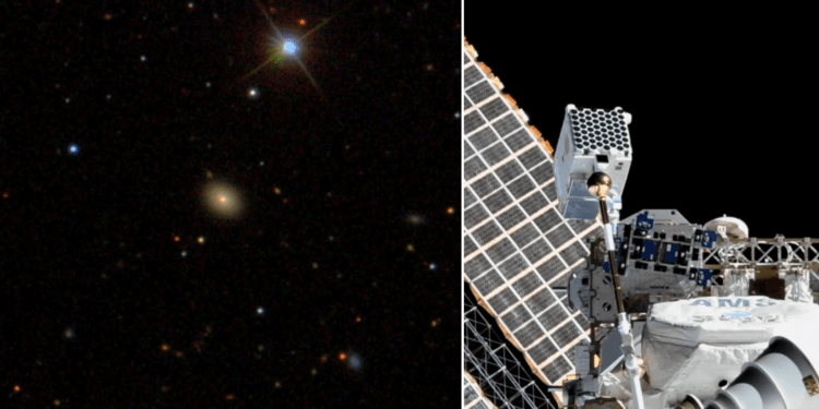 A sinistra, un sistema chiamato Ansky, nella galassia al centro, che ospita una serie di eruzioni quasi-periodiche scoperte di recente. A destra, il telescopio NICER installato sulla ISS. Credits: Sloan Digital Sky Survey; NASA