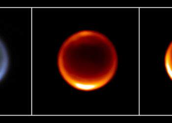Immagini infrarosse di Titano ottenute con il James Webb nel luglio 2023. A sinistra, un'immagine a colori rappresentativa. Credits: NASA, ESA, CSA, STScI, Keck Observatory
