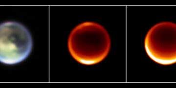 Immagini infrarosse di Titano ottenute con il James Webb nel luglio 2023. A sinistra, un'immagine a colori rappresentativa. Credits: NASA, ESA, CSA, STScI, Keck Observatory