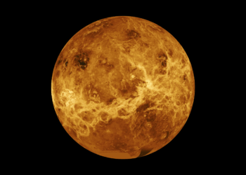 Vista globale della superficie di Venere, centrata a 180 gradi di longitudine est, in un mosaico radar della missione Magellan della NASA. Credits: NASA/JPL-Caltech